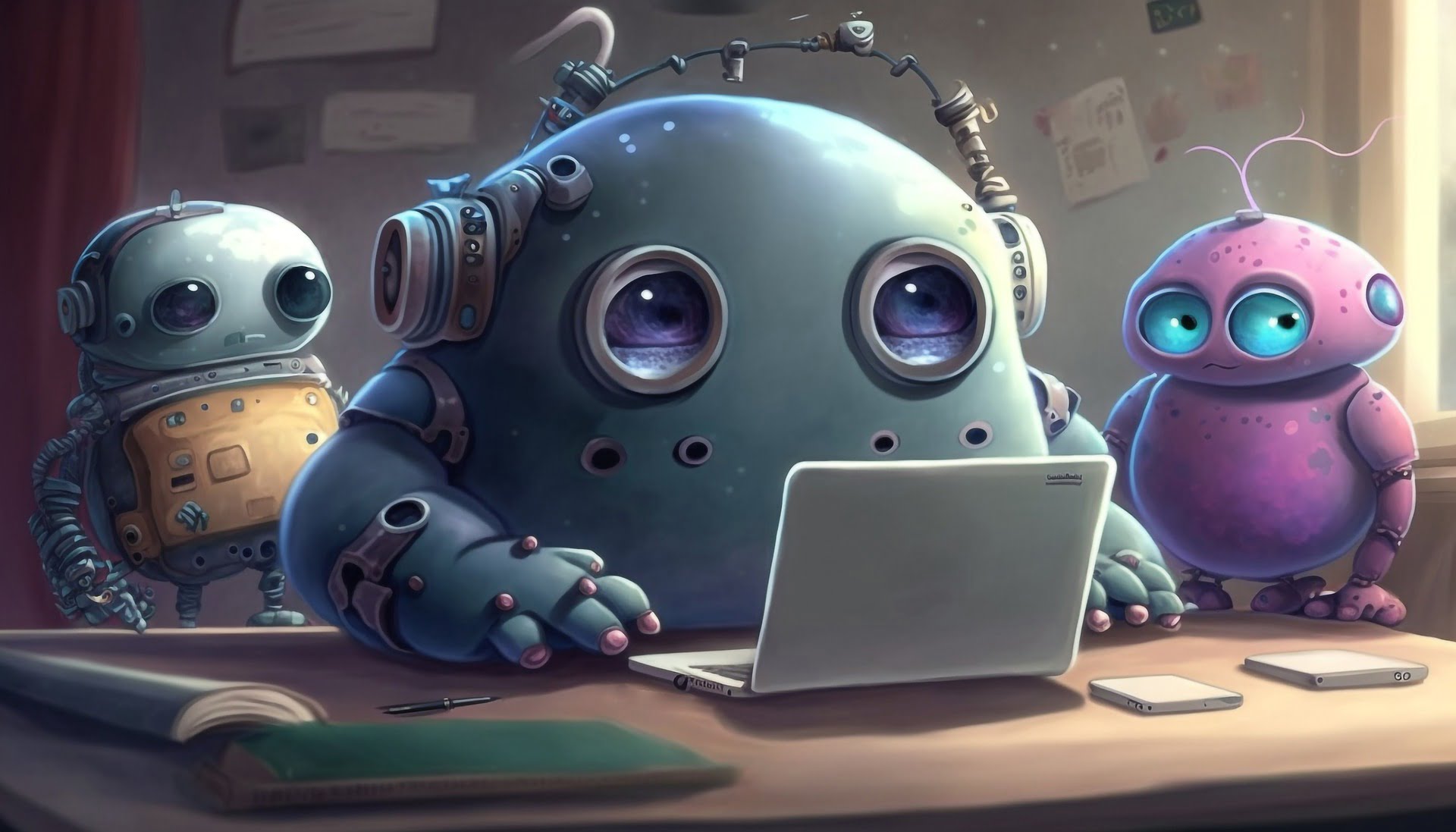 a couple of cute robots sitting in front of a laptop answering questions